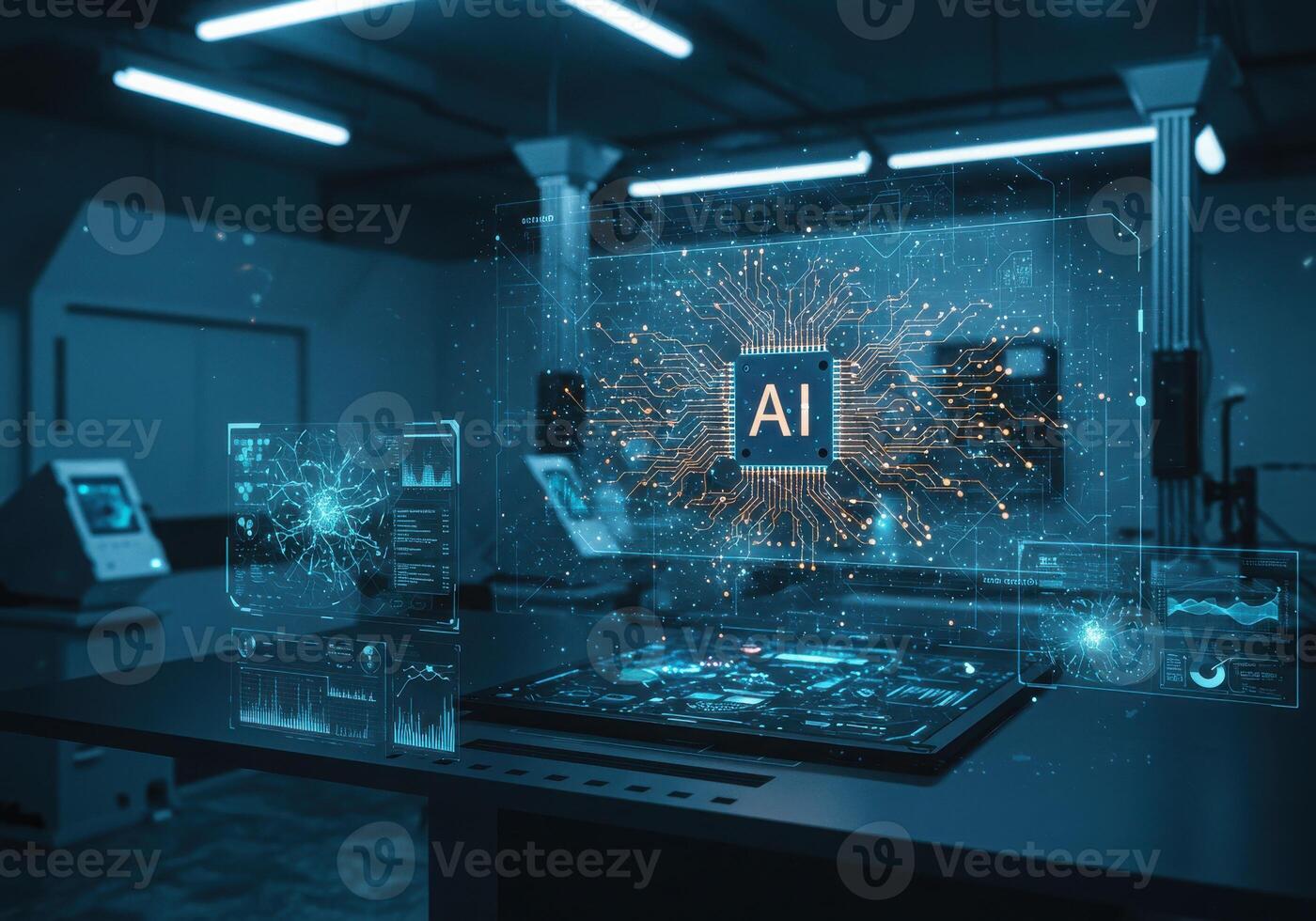 Stunning AI digital interface displays advanced neural network and data analytics in a modern tech lab environment photo