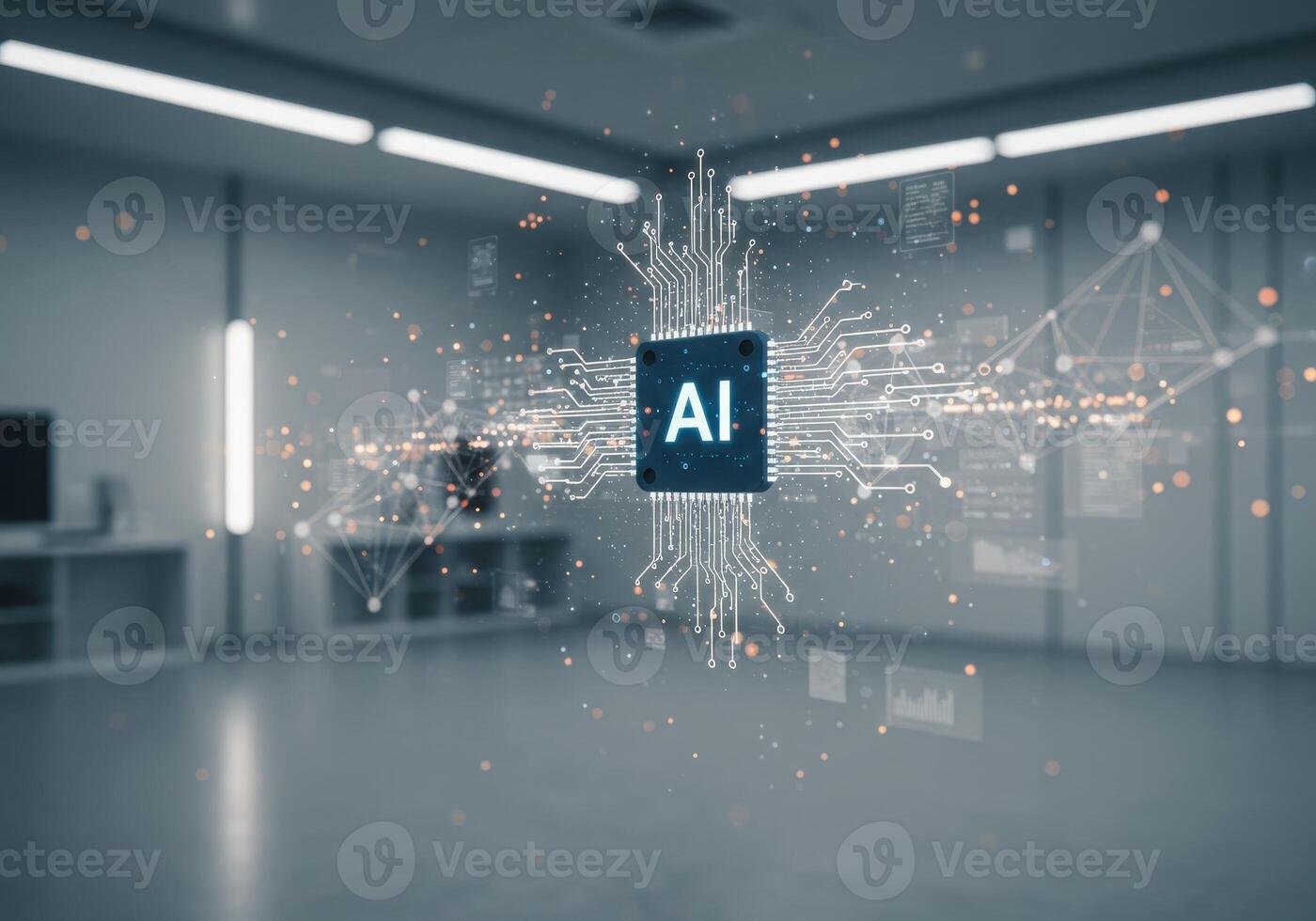 Dynamic AI chip powering futuristic digital network, representing innovation and advanced technology for smart solutions. photo