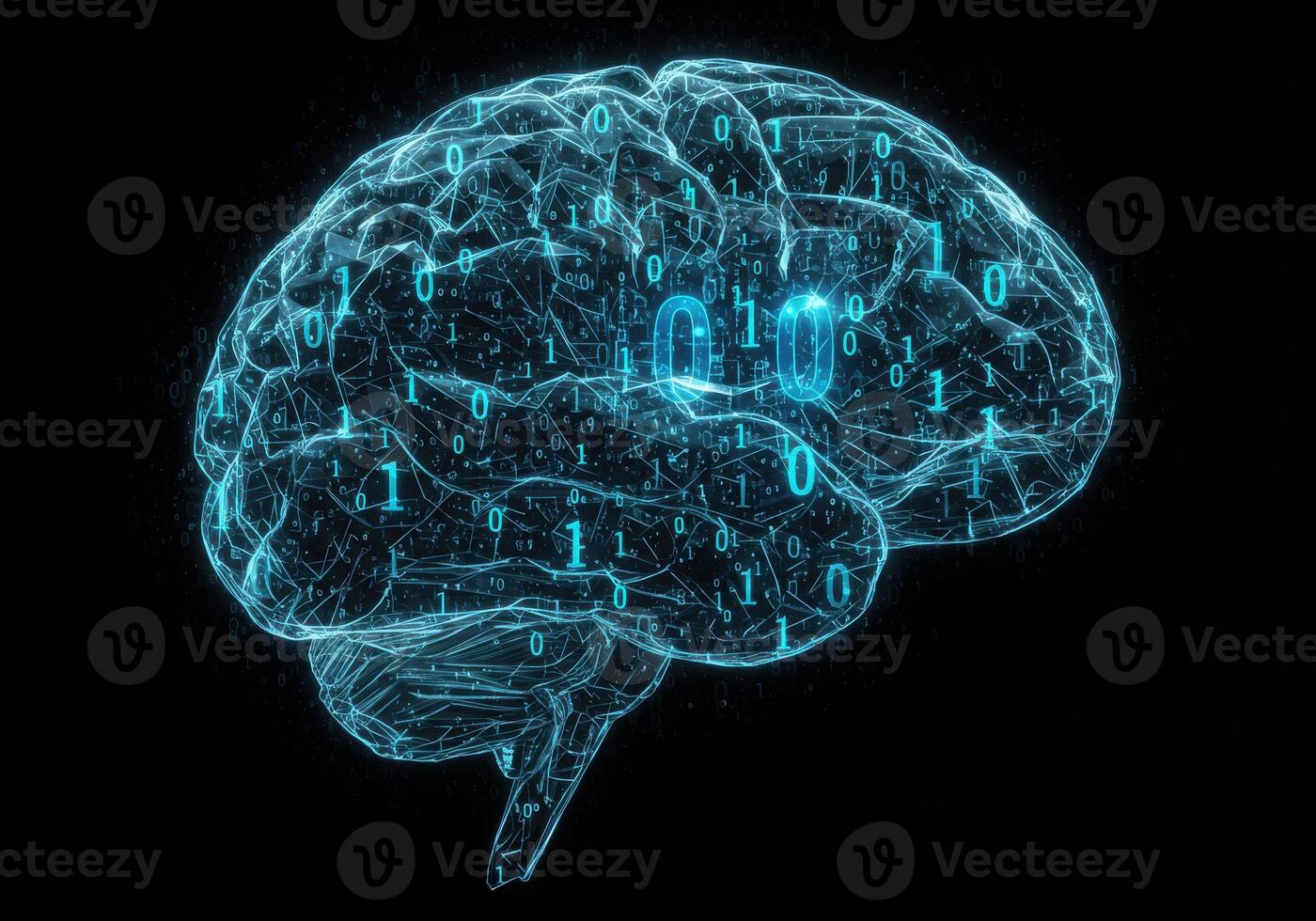 Dynamic digital brain visualization with glowing blue binary code symbolizing artificial intelligence and complex data processing, perfect for tech innovation. photo