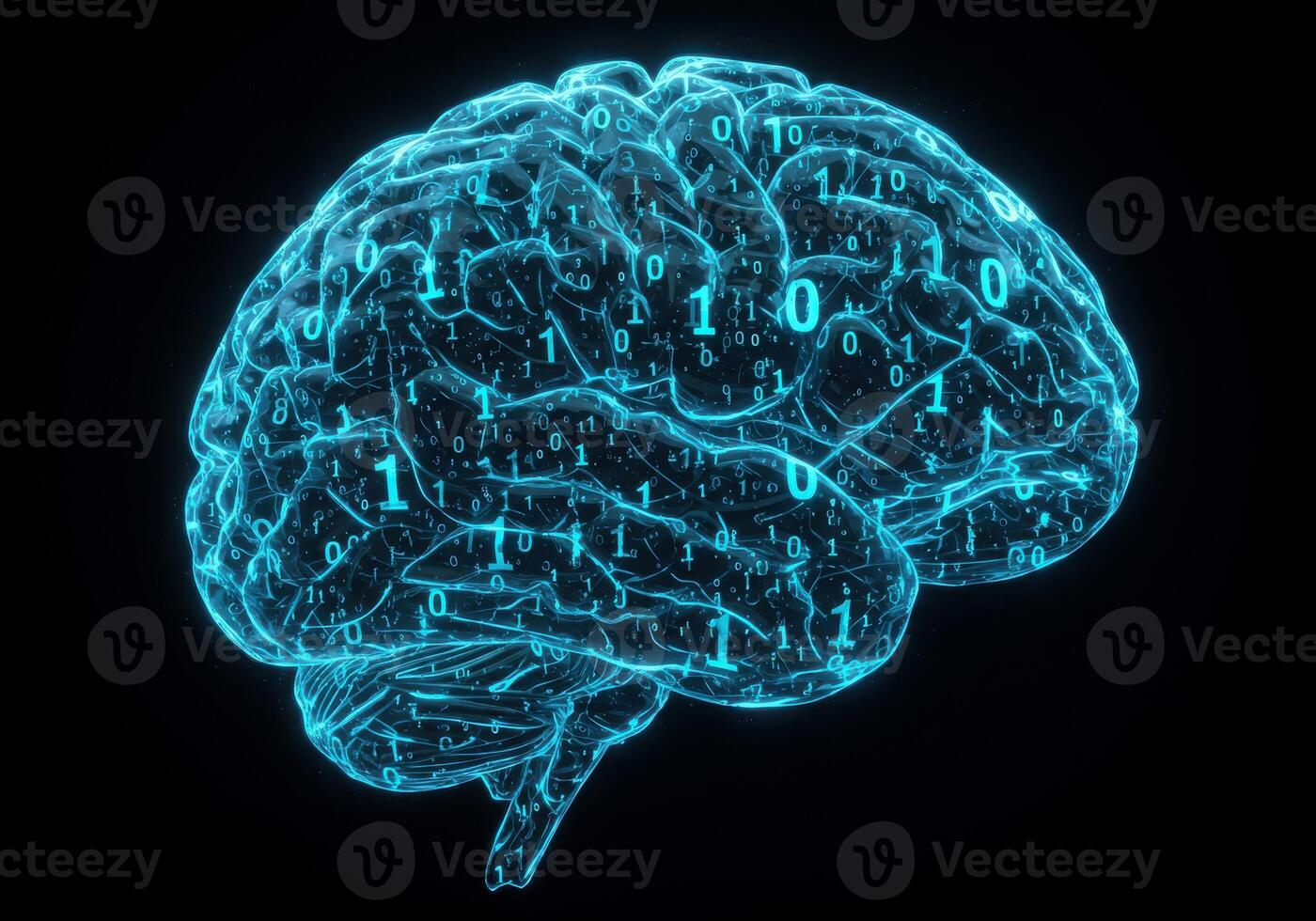 Dynamic digital brain pulsing with blue binary code signifies innovative artificial intelligence and advanced technology concepts photo