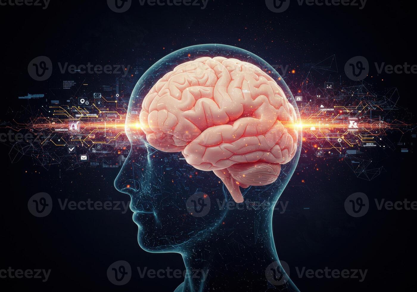 Dynamic digital brain visualization explores human cognition, consciousness, and future intelligence in futuristic tech landscape photo