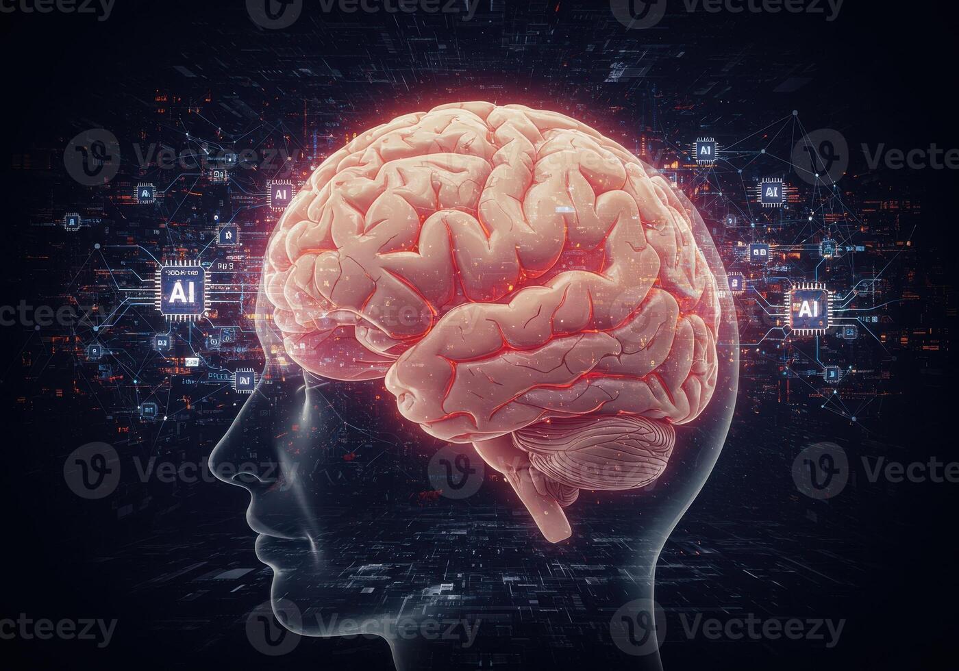 Dynamic AI brain visualization symbolizing innovation and future technology with glowing neural pathways and digital connections photo