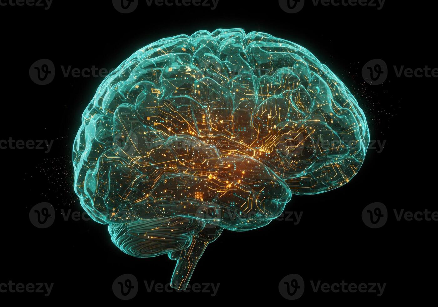 Stunning holographic brain with glowing circuits symbolizes advanced artificial intelligence and digital cognition for futuristic tech concepts photo
