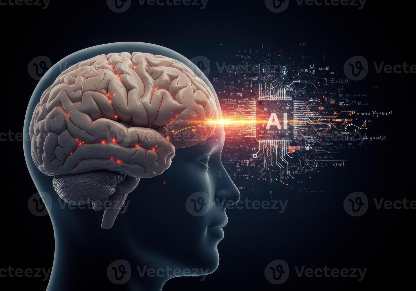 brillante humano cerebro integrado con avanzado ai circuitos y brillante neural caminos representando futurista inteligencia y innovación foto