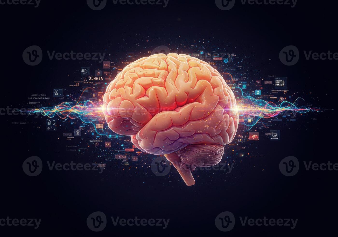 Dynamic brain visualization with glowing neural network and digital data streams symbolizing intelligence and innovation photo