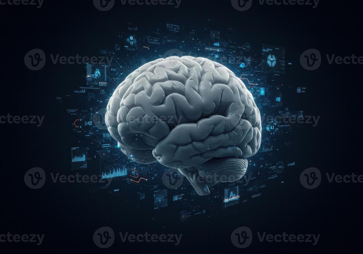 Sophisticated 3D human brain model with futuristic digital data visualizations symbolizing intelligence and innovation photo