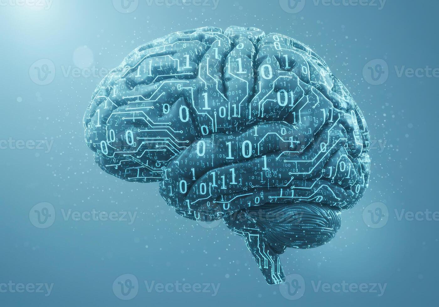 Stunning digital brain visualization with glowing binary code and circuit board patterns symbolizing AI, innovation, and neural networks in a futuristic cybernetic concept. photo