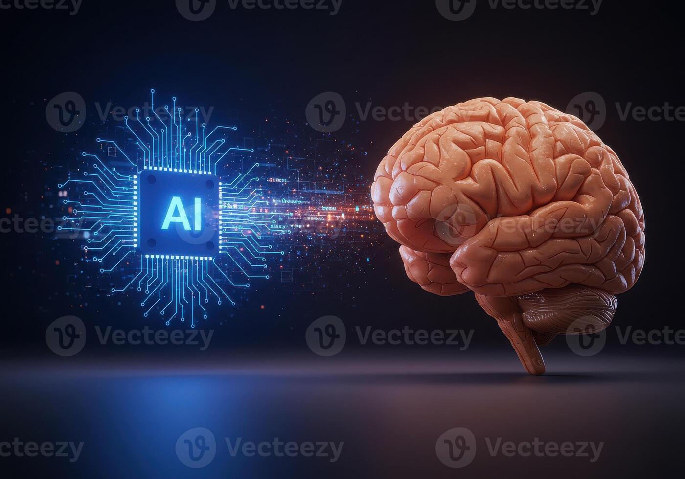 Experience the cutting edge of innovation as AI interfaces with the human brain, symbolizing future intelligence and advanced technology. photo