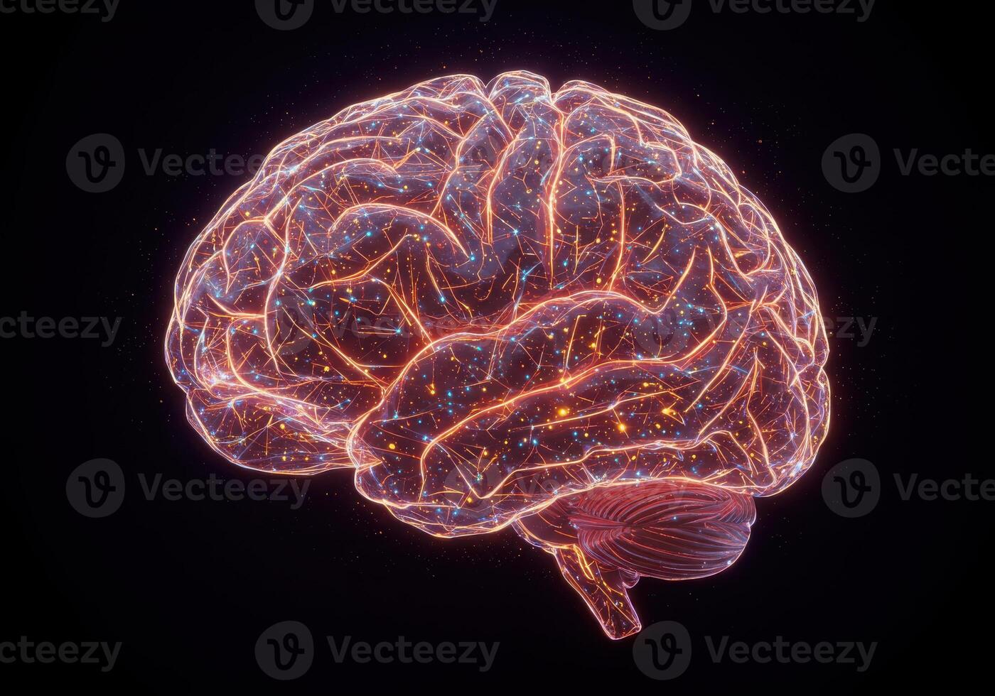 Stunning digital visualization of a glowing human brain with intricate neural network connections, representing intelligence and complex thought processes. photo