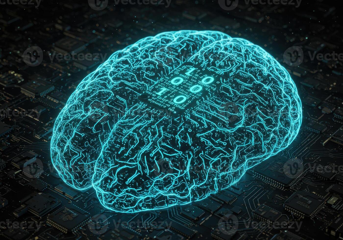 Stunning digital brain rendered in vibrant neon blue circuitry, symbolizing artificial intelligence and advanced technology photo