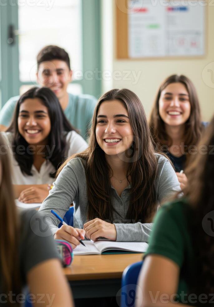 Joyful elementary students engaged in learning, smiling brightly in a vibrant, modern classroom setting, embracing education with enthusiasm and curiosity. photo
