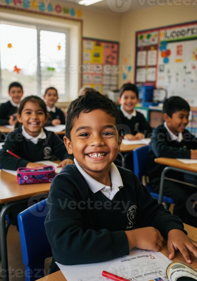 Joyful elementary student with bright smile engaged in learning, surrounded by classmates in a vibrant classroom environment photo