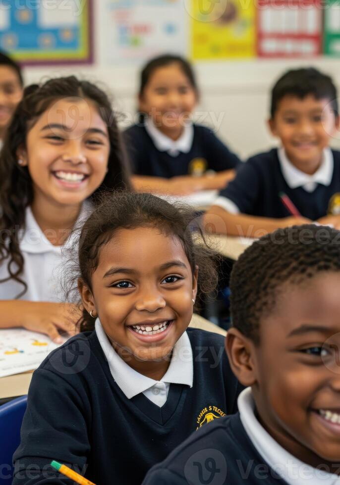 Smiling students in classroom creating a positive, inclusive learning environment with diverse children ready to learn photo