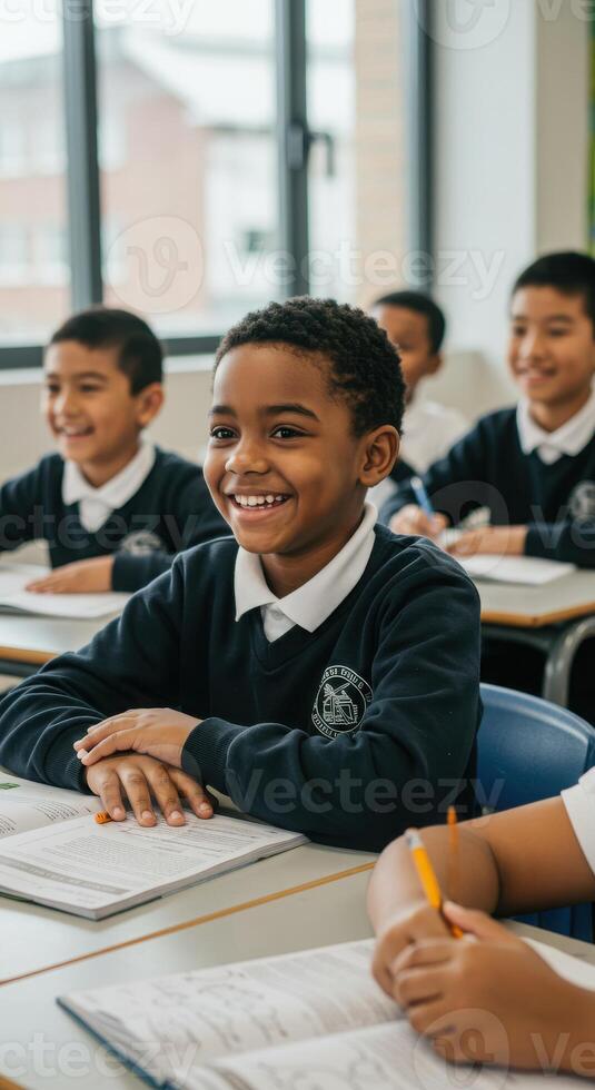 Diverse group of smiling students ready to learn in a bright and modern classroom setting, education concept photo