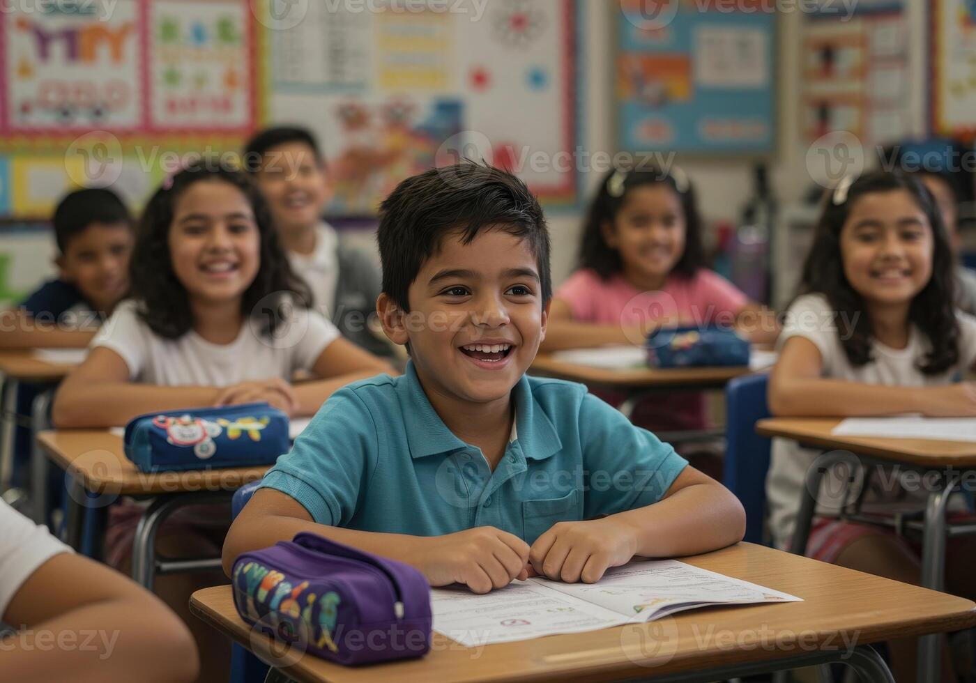 Happy student learning with passion in bright classroom, ready for success with diverse classmates and supportive school environment creating futures photo