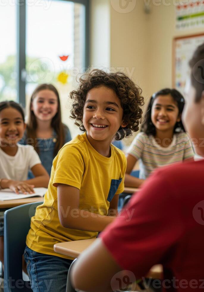 Smiling elementary students engage in a lively classroom discussion, fostering a collaborative and inclusive learning environment for academic success photo