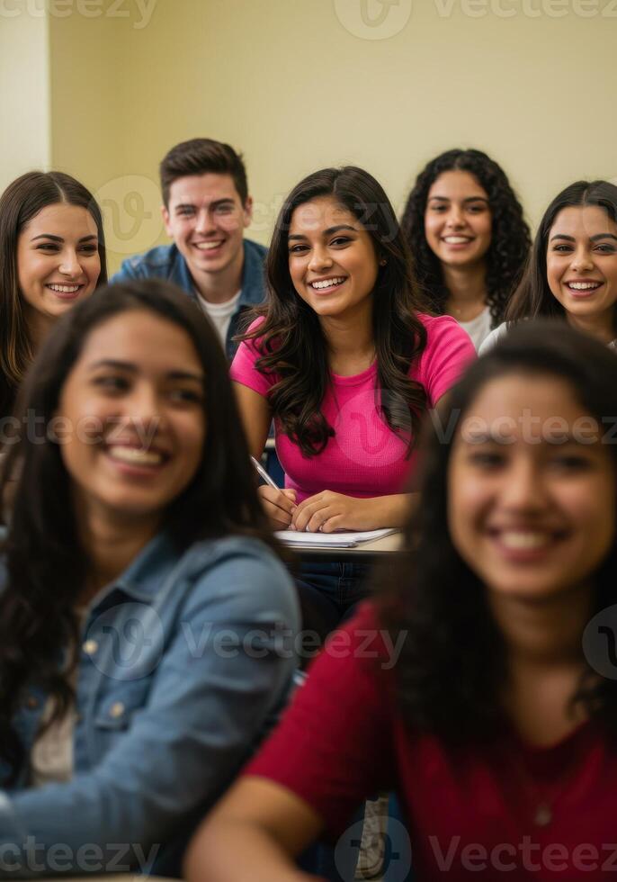 Engaging diverse students smiling during class lecture, ready to represent higher education, showcasing a vibrant and inclusive learning environment photo