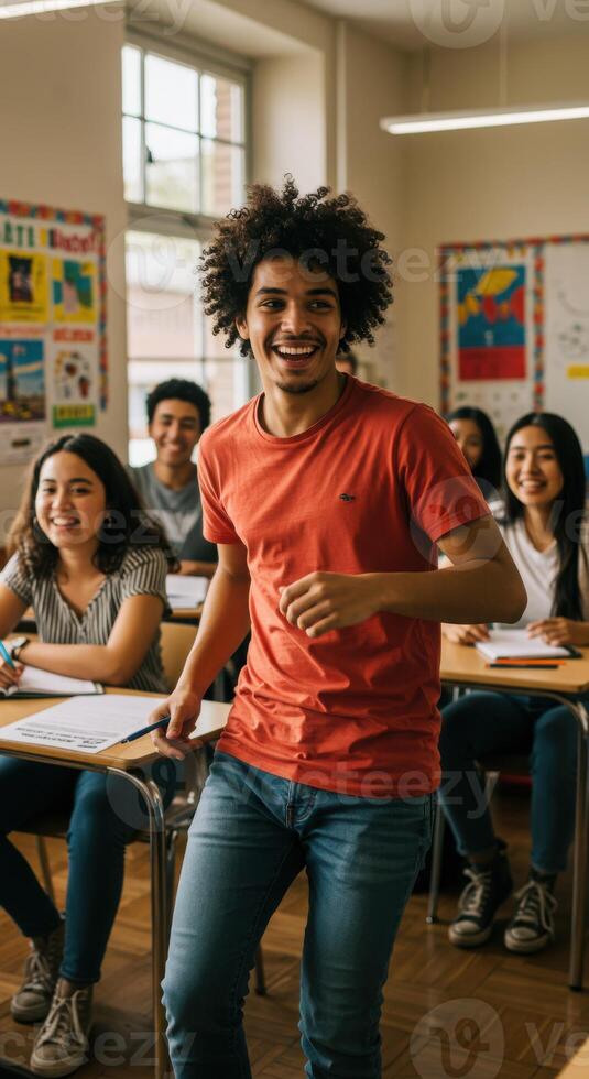 Happy students enjoying class in a bright elementary school classroom, creating a joyful and diverse learning environment with laughter and engagement photo