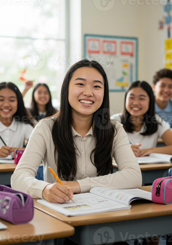 Smiling student writing in notebook during class, surrounded by classmates, showcasing engaged learning and a positive, collaborative educational environment photo