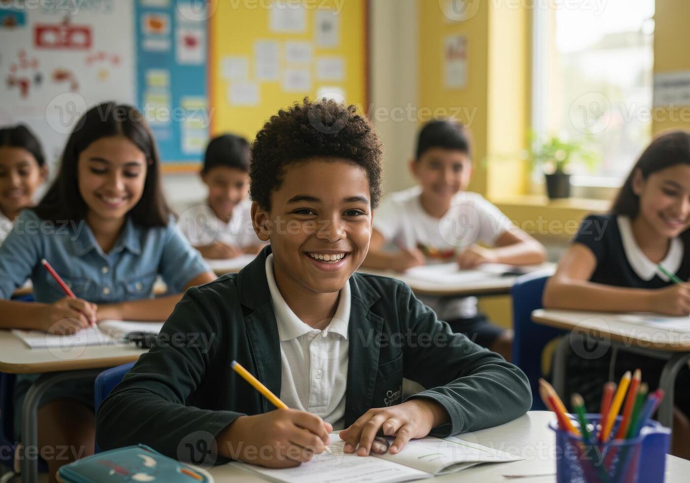 Smiling elementary school students enjoying a bright classroom environment, ready to learn and engage with education photo