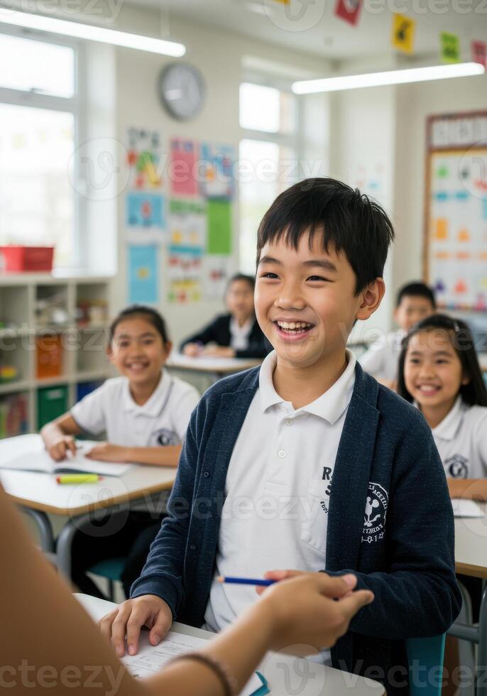 Smiling students studying and learning in a bright classroom, representing education, knowledge, and teamwork with focus on diversity photo