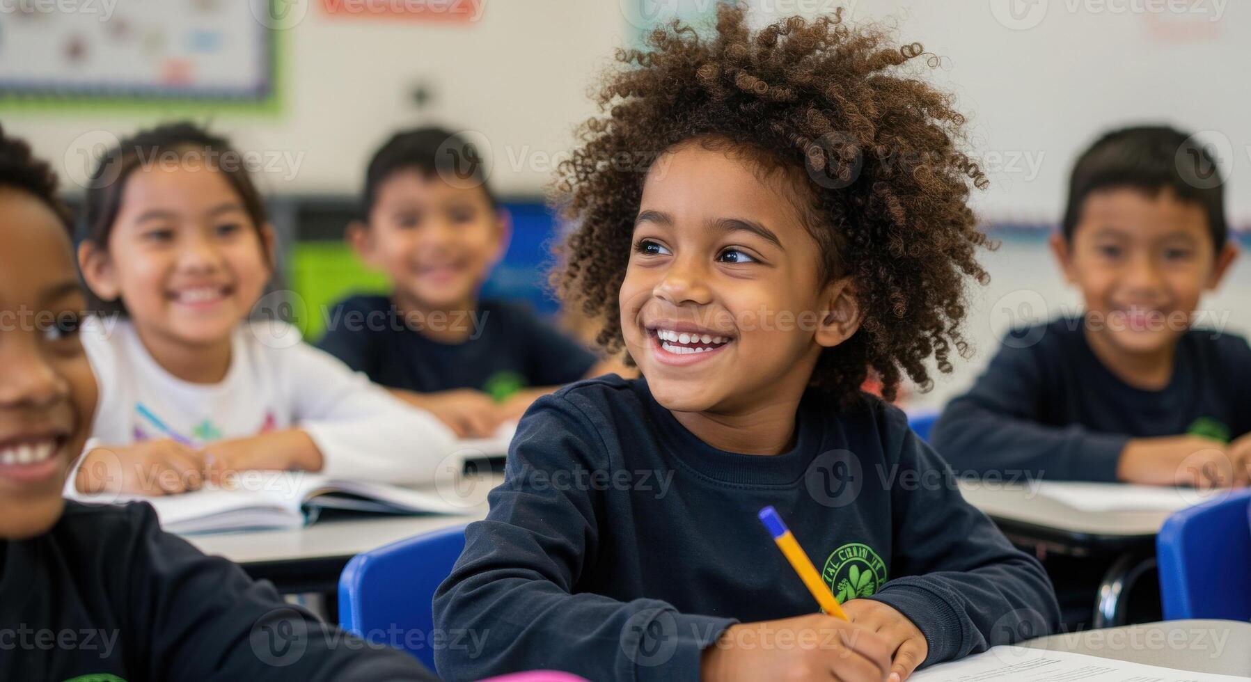 Joyful diverse elementary students engaged in learning, smiling brightly while writing in a vibrant classroom setting photo