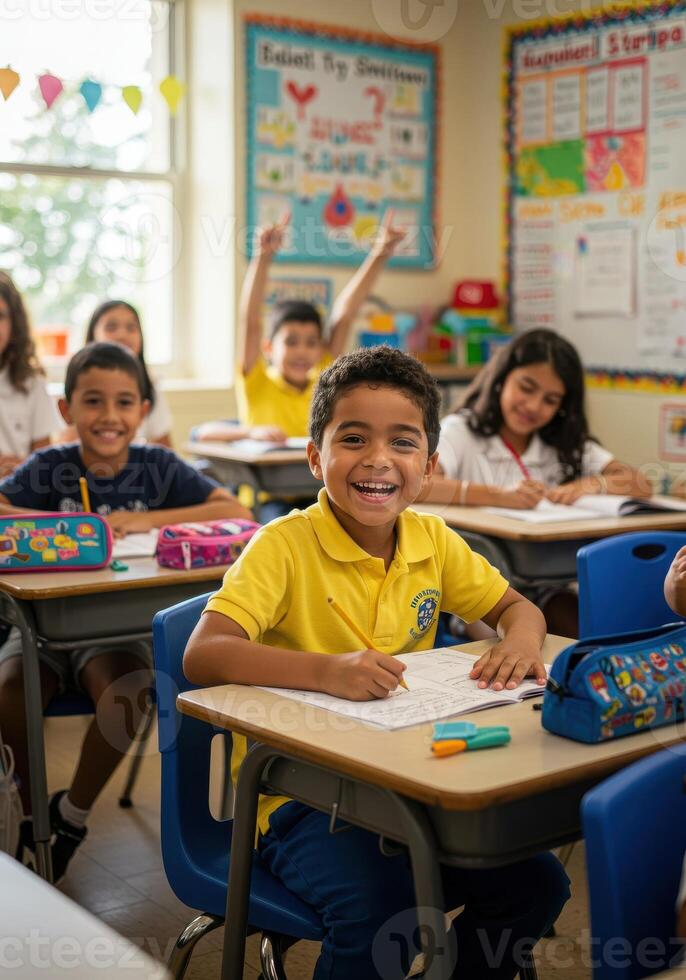 Joyful elementary student enthusiastically answers question in bright, modern classroom, inspiring learning and engagement photo