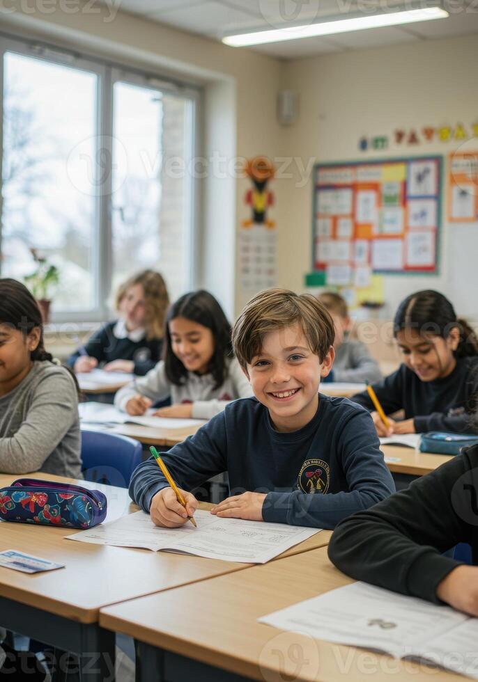 Joyful elementary school boy beaming while completing his lesson with classmates learning nearby in a bright, modern classroom setting photo