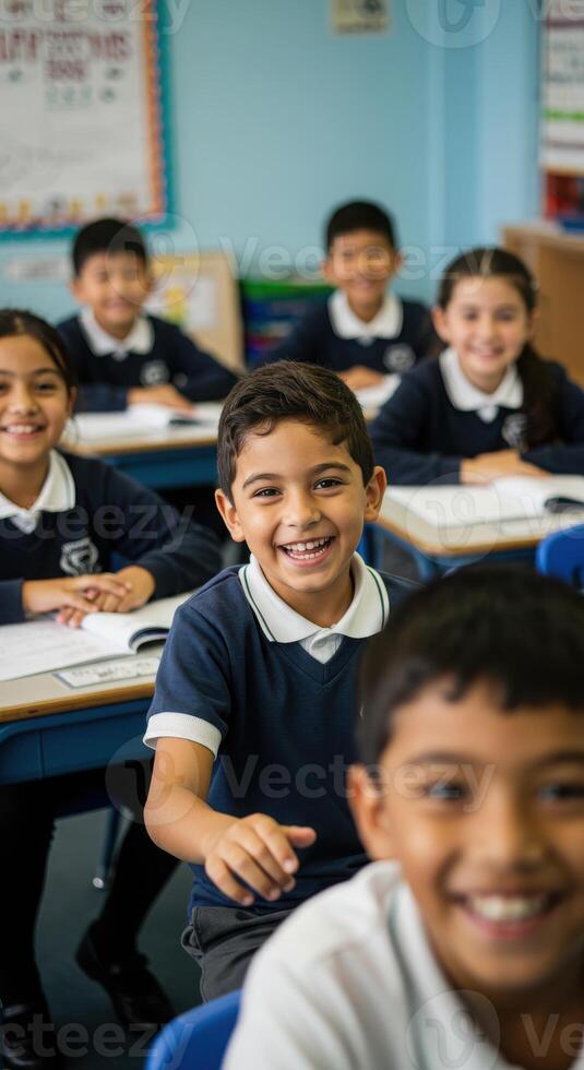 Joyful diverse elementary students learning and smiling brightly in a modern, vibrant classroom setting photo
