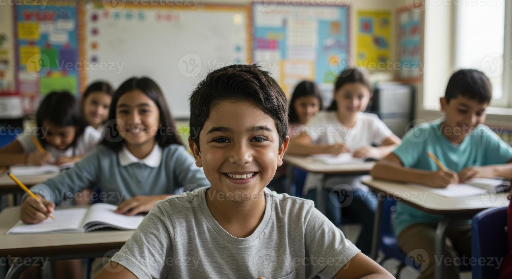 Joyful young student beaming with confidence in a vibrant classroom setting as classmates learn diligently photo