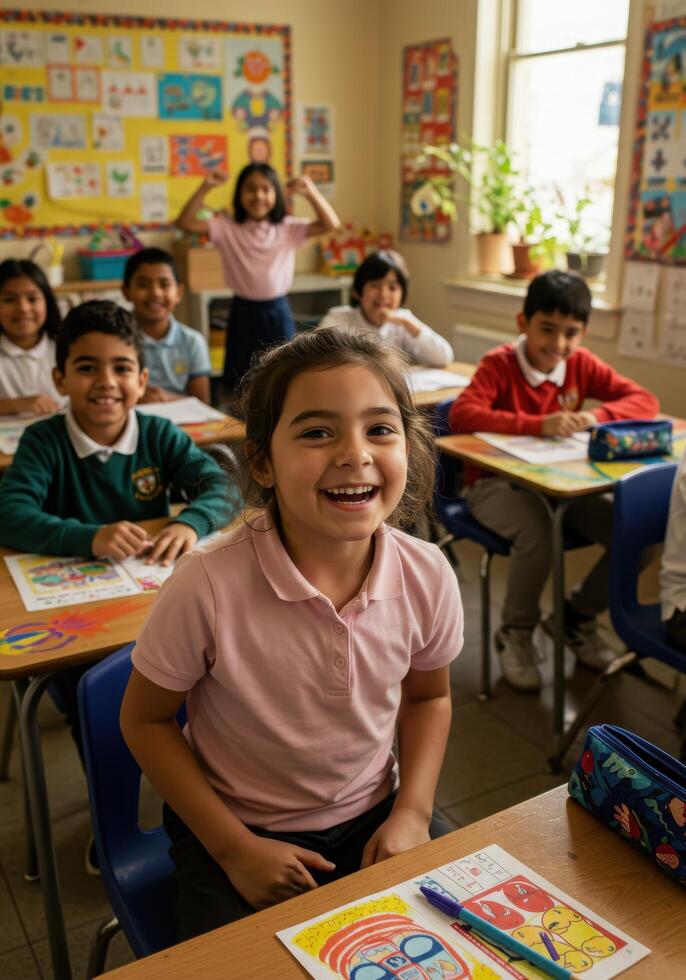Joyful diverse elementary school children engaged in learning and smiling brightly in a vibrant, modern classroom setting, creating a positive educational atmosphere. photo