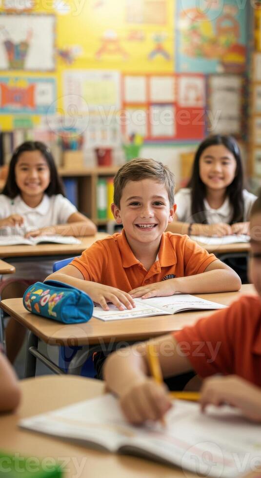 Joyful young student beaming with excitement while learning and engaging in classroom activities with classmates around photo