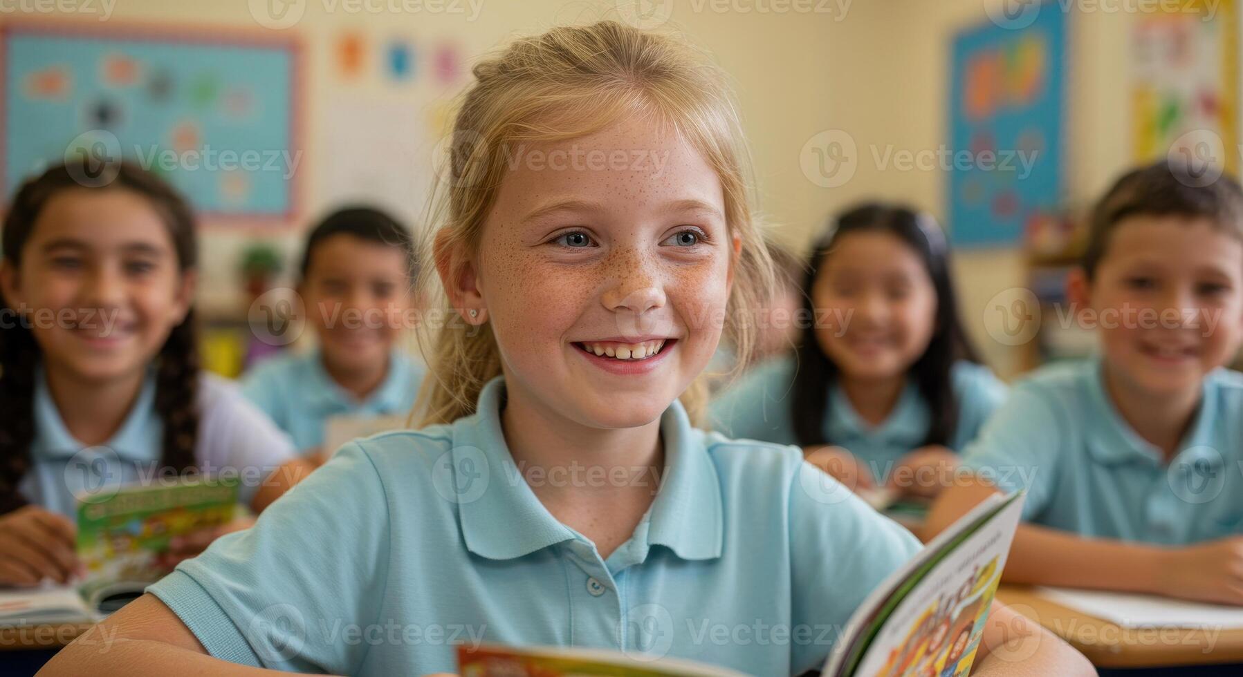 Joyful young student with freckles smiles brightly, engaged in learning and reading with classmates in a vibrant classroom setting photo