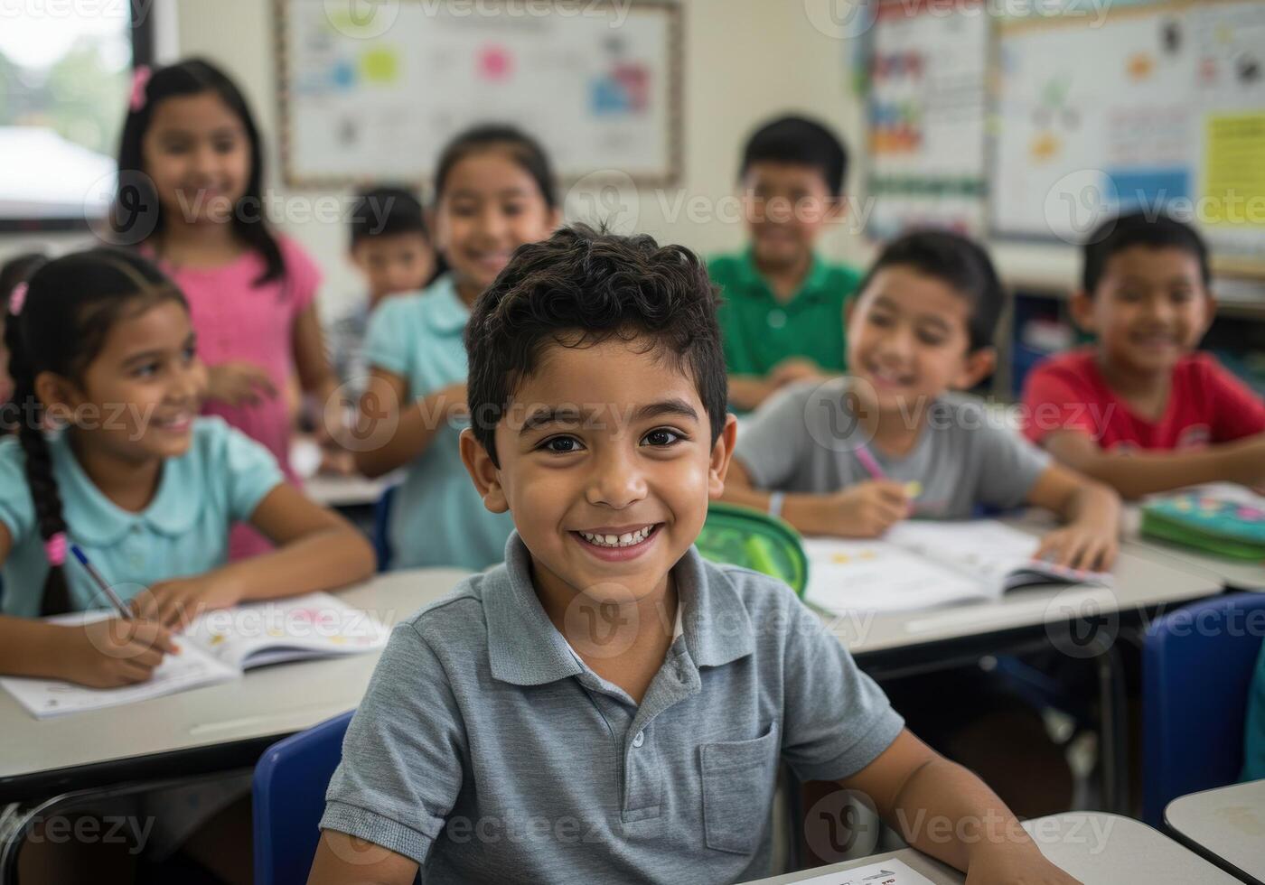 Joyful diverse elementary students learning and smiling brightly in a modern, engaging classroom environment photo