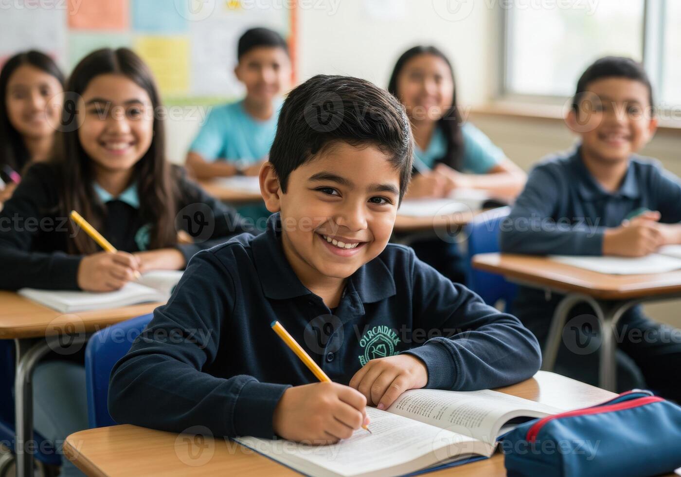 Joyful student beams while diligently writing in open book at classroom desk surrounded by smiling classmates learning together photo