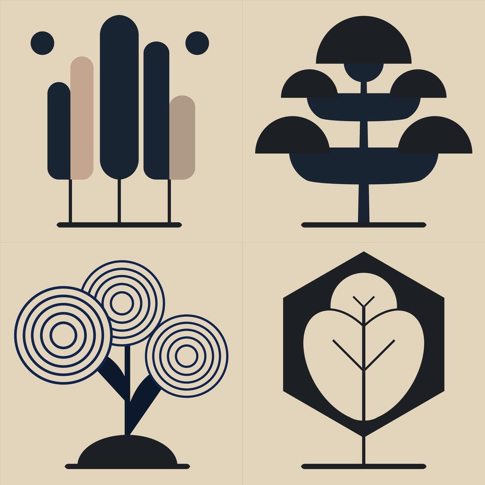 Minimalist Tree Icons with Unique Shapes and Patterns, Contemporary Botanical Illustration vector