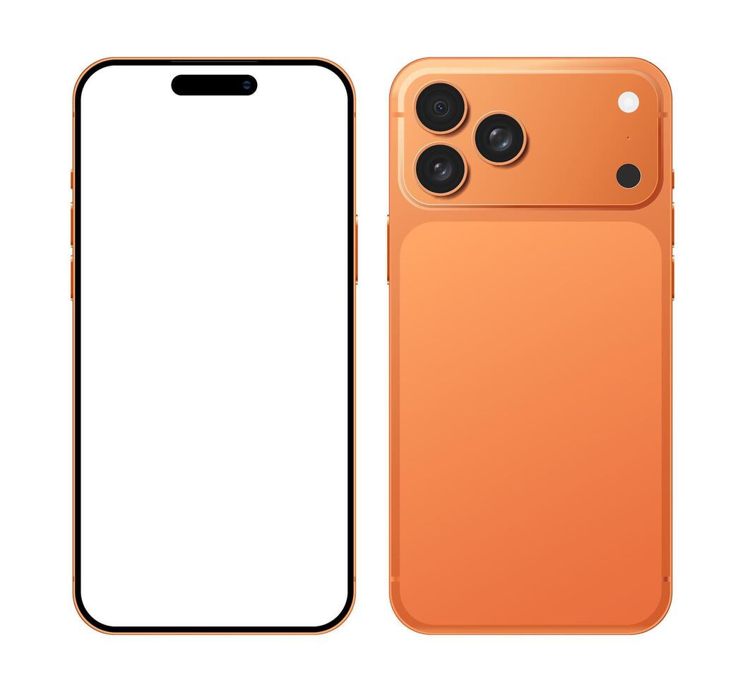Realistic orange frame mobile phone mockup template in front and back side. Modern smartphone device with blank display illustration vector