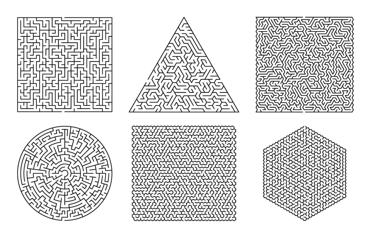 Puzzle maze set in square, triangle, and circular geometric shapes illustration vector