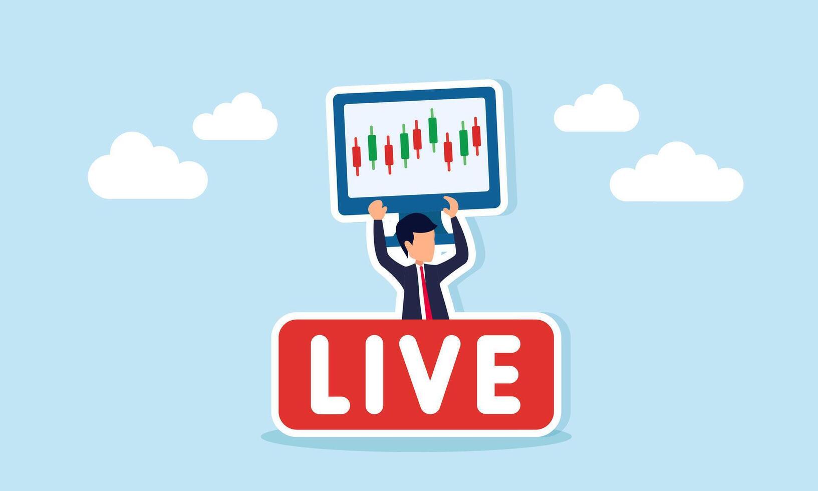 Businessman holding a monitor showing candlestick chart emerging from a board labeled LIVE illustration of technical analysis in live stock movement of a company vector