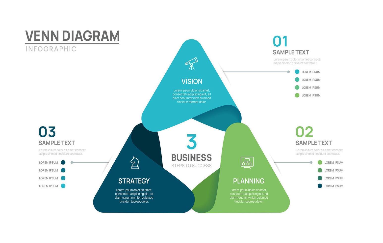 Venn diagram triangular infographic chart template for business 3 parts steps, presentation with venn diagram elements illustration. vector