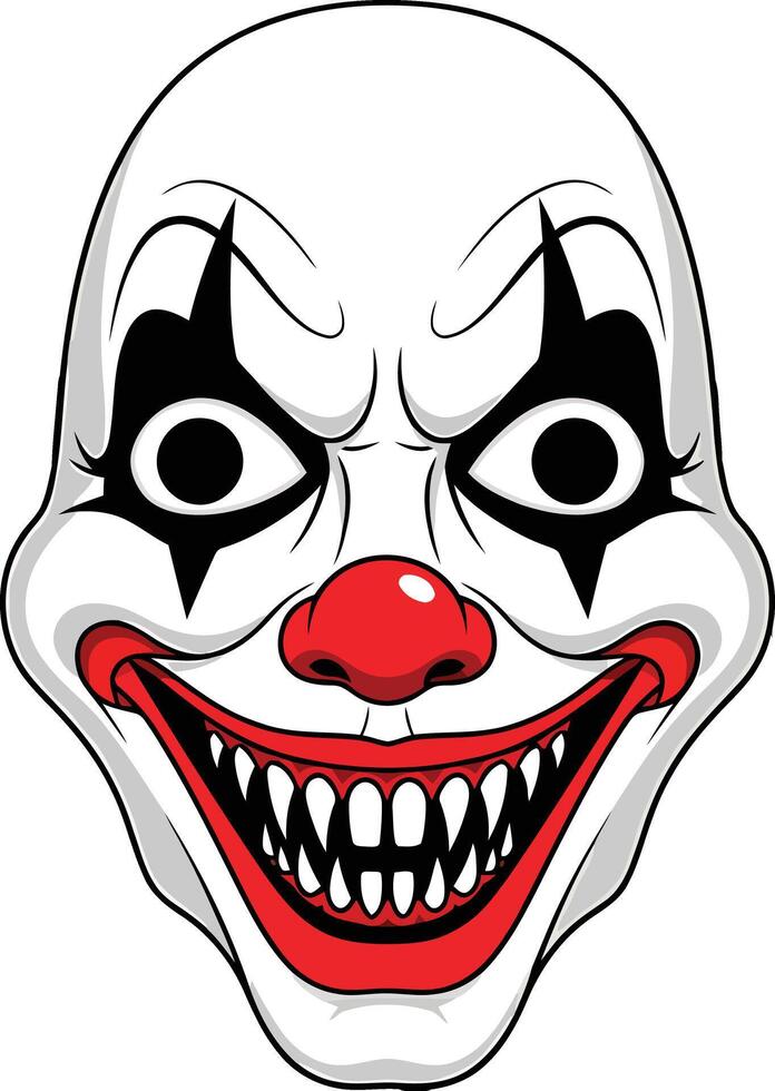 Spooky clown visage showcasing a wide, evil smile and razor-sharp fangs for horror themes. vector
