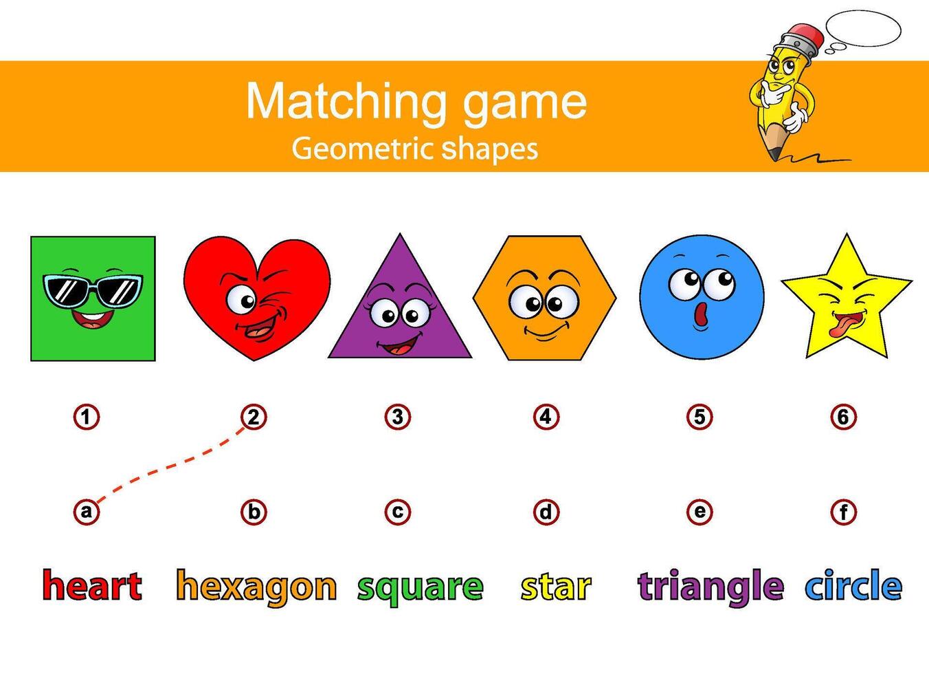 Connect geometric figures and their titles. Learn geometric shapes. Educational game for kids. Matching game. Square, heart, triangle, hexagon, circle, star vector