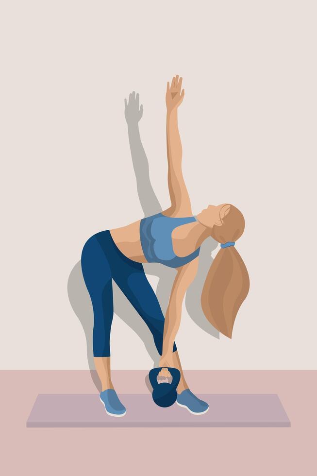 A fitness enthusiast performs a dynamic stretching exercise using a kettlebell in a workout space with neutral colors and minimal decor. vector
