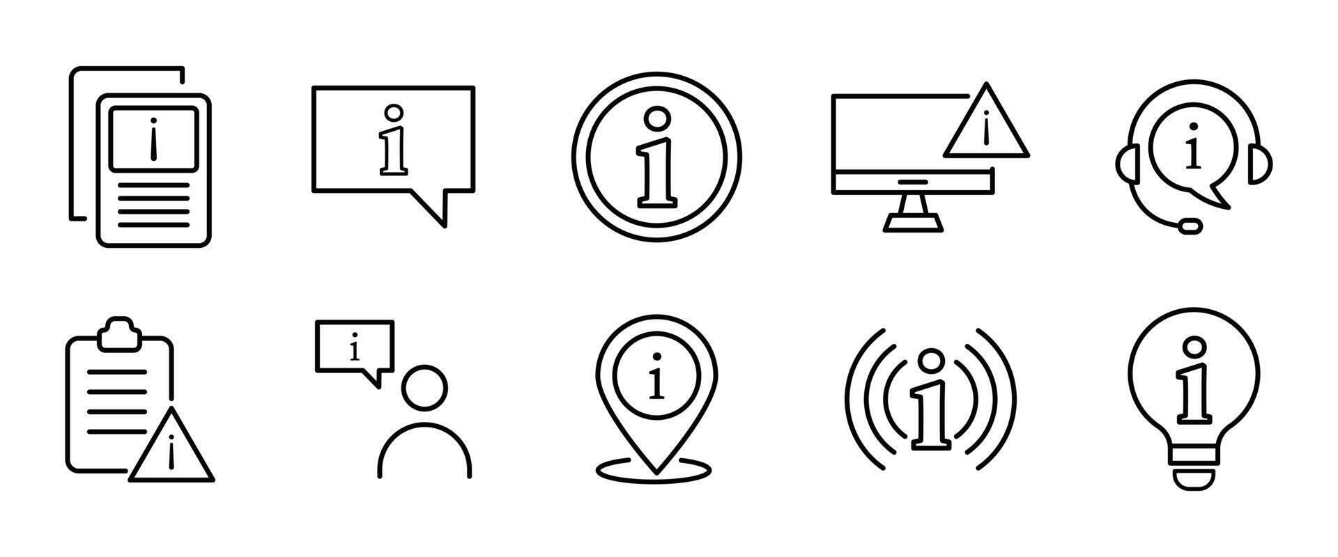 Information icon set. info line icon set. support, personal information, inform, location, alert info, notice, user info, icons collection. vector
