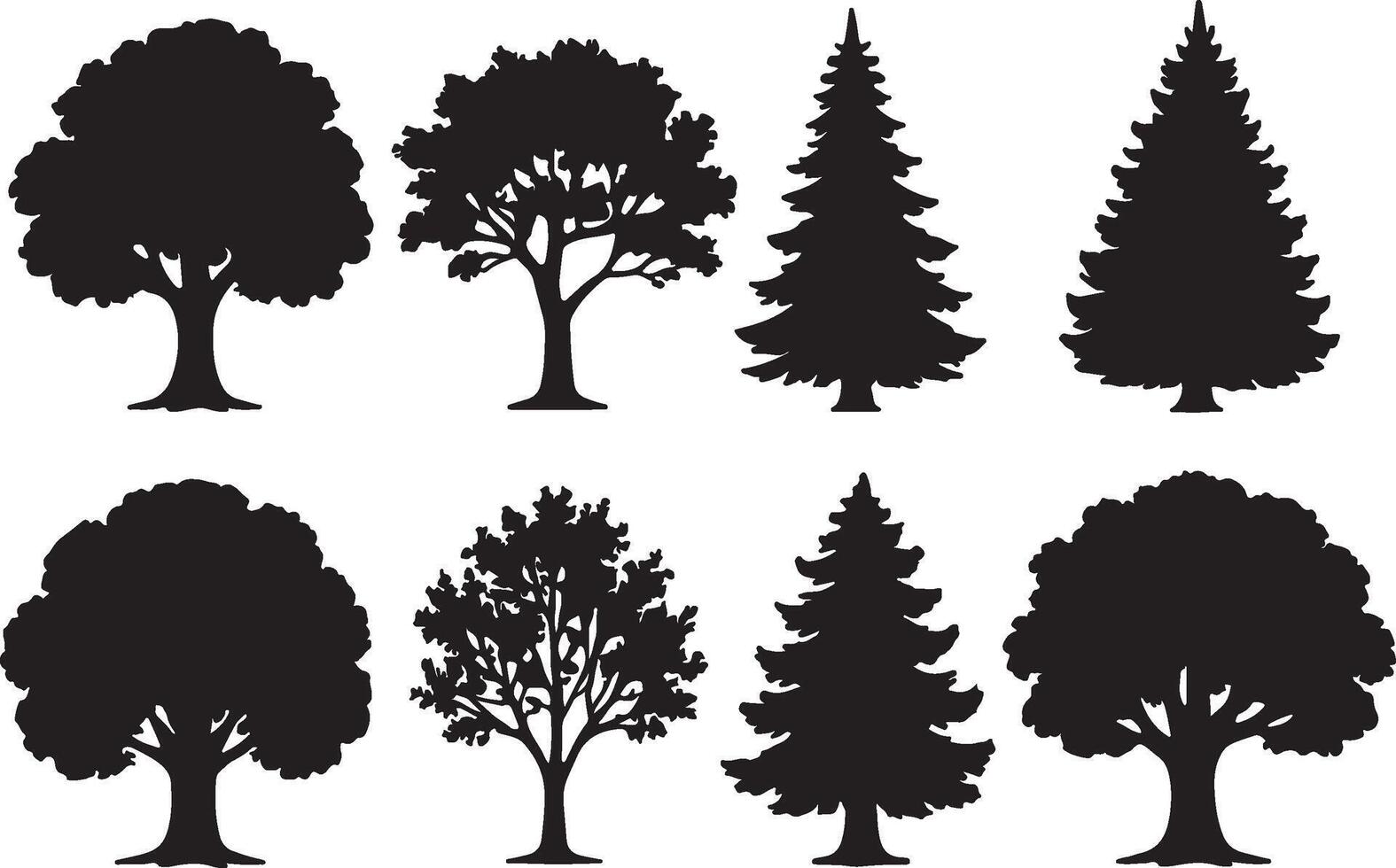 Silhouette collection of various tree types against a plain white background vector