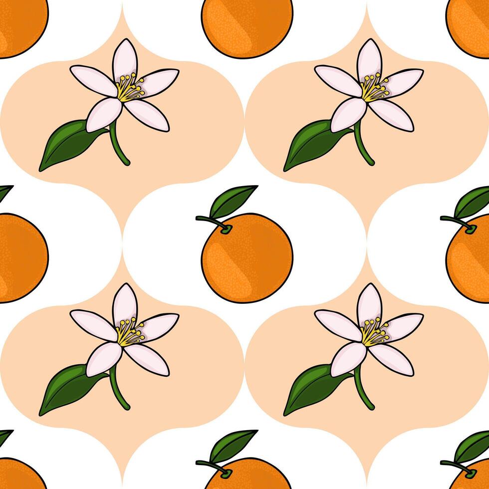 Seamless pattern featuring delicate white tangerine blossoms and ripe citrus fruits on a soft peach background. vector