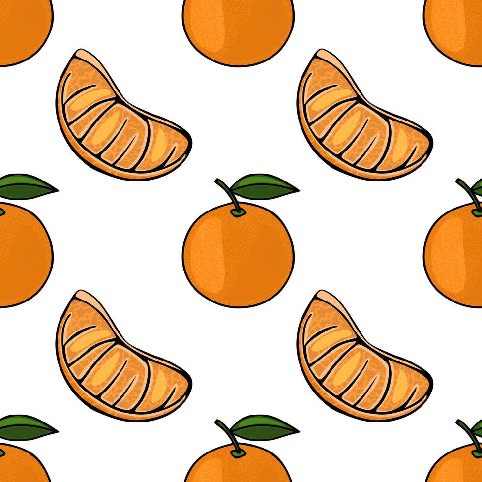 Seamless pattern featuring whole and sliced tangerines with green leaves on a white background. vector
