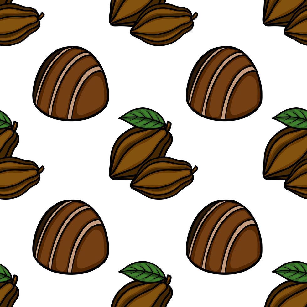 Seamless pattern of stylized chocolate candies and cocoa pods with leaves on a white background. vector