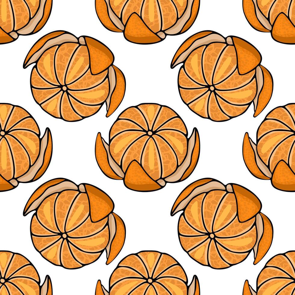 Seamless pattern of peeled tangerines with detailed segments and textured rind, rendered in a bright, cheerful, and modern illustration style. vector