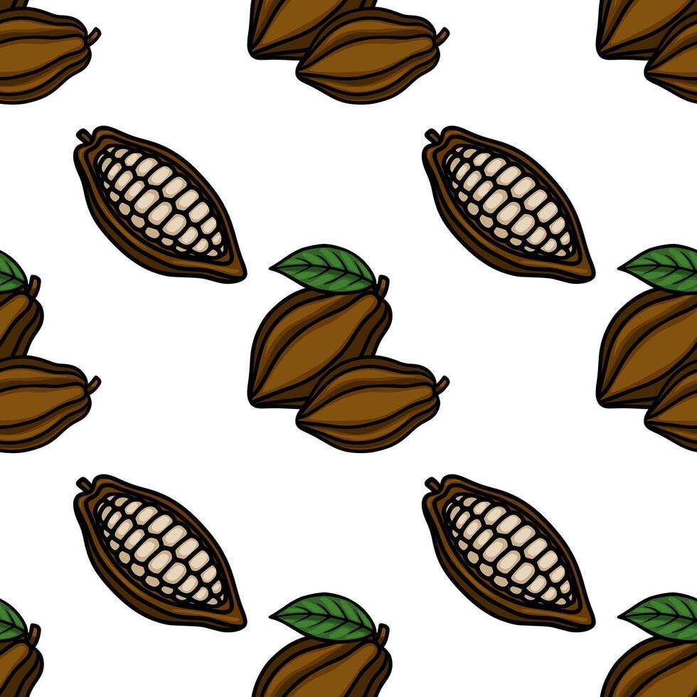 Seamless pattern featuring stylized cocoa pods and split halves with visible beans, accented by green leaves on a clean white background. vector